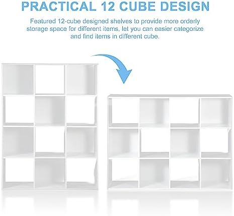 SUPER DEAL 12-Compartment Open Shelf Bookcase, 47 inch Wide Cube Storage Cabinet Wood Cubical Bookshelves Display Unit with 6 Removable Back Panels for Living Room Bedroom, White