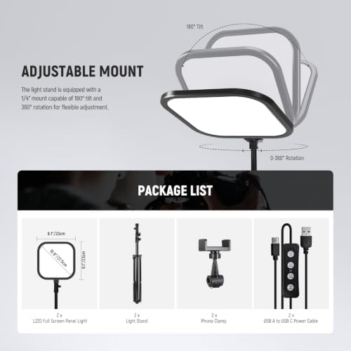 NEEWER Basics 2 Pack 15W 10.8" LED Video Light Panel Lighting Kit with 63" Tripod Stands, Edge Lit Bi Color Dimmable Studio Light 816lux CRI95+ for Photography Filming Recording Streaming, L220