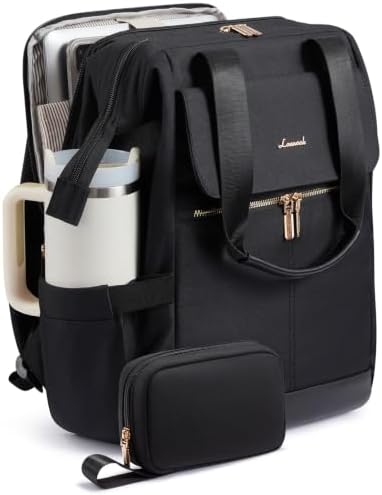 LOVEVOOK Laptop Backpack for Women with Giant Tumbler Holder, 15.6 Inch Work Laptop Bag with USB Port, Fashion Teacher Nurse Backpack Purse, Waterproof Travel Computer Backpack, 2PCS, Black