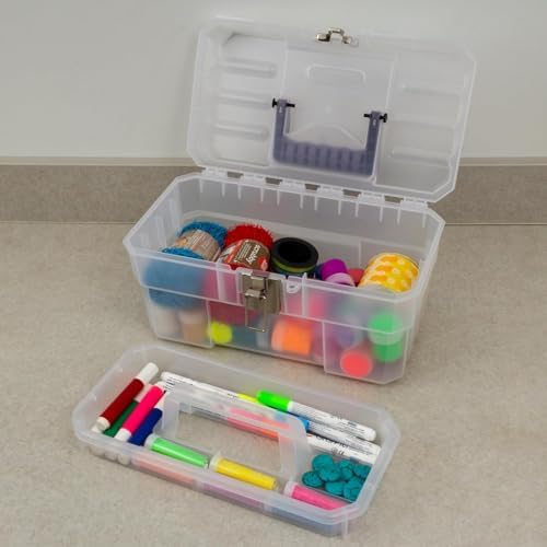 Akro-Mils 14-Inch Plastic Toolbox with Removable Tray, Steel Latch & Padlock Eye, Industrial-Grade Storage Box for Hobby Supplies, Crafts, and Tools, 14" x 8" x 8", Made in USA, Clear (09514)