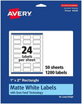 Avery Matte White Rectangle Labels, Sure Feed Technology, 1" x 2", 1,200 Matte White Printable Labels
