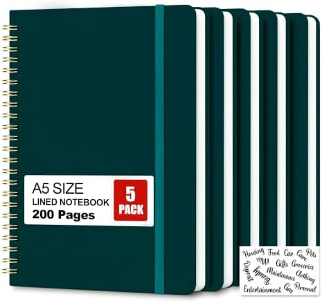 5 Pack Hardcover Spiral Notebooks, 8.3" x 6.3" Lined Journal Set, 100 GSM Bleed-Resistant Paper, 200 Pages Twin-Wire Bound Notebook with Elastic Band & Category Stickers for Office, School