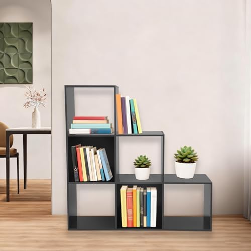 3-Tier Stepped Bookshelf, 6 Cube Storage Organizer, Freestanding Ladder Bookcase, L-Shaped Corner Shelf, Room Divider Shelf, 35.4" Tall Modern Display Shelf for Home Office Living Room