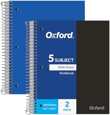 Oxford Spiral Notebooks, 5-Subject, Writing Journals, Wide Ruled Paper, Durable Plastic Cover, 200 Sheets, 5 Durable Divider Pockets, 2 Pack, Black and Blue (10387)