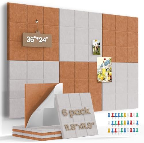 Large Felt Board Tiles for Wall with 30 Push Pins, 11.8"x11.8" Pack of 6 Pin Board Notice Boards for Home Office Kitchen, Bulletin Board Wall Tiles for Photos Memos (Orange+Grey, 6 Pack)