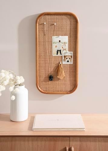 Kate and Laurel Planche Modern Rattan Wall Pinboard, 12 x 24, Natural Wood, Boho Rounded Rectangle Wall Organizer for Use as Cork Board, Vision Board, or Bulletin Board