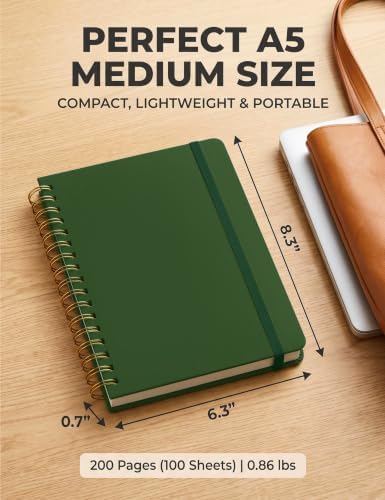5 Pack Hardcover Spiral Notebooks, 8.3" x 6.3" Lined Journal Set, 100 GSM Bleed-Resistant Paper, 200 Pages Twin-Wire Bound Notebook with Elastic Band & Category Stickers for Office, School