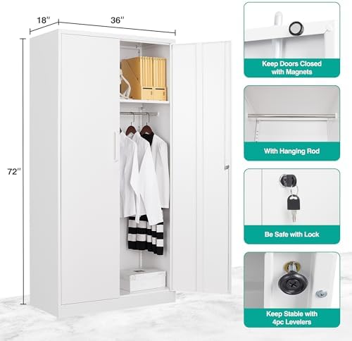 White Wardrobe Cabinet with Lock and Hanging Rod,72" Armoire Closet with Shelf,Lockable Storage Locker,Metal Storage Cabinet with Locking Doors,Steel Wardrobe for Home,Bedroom,Office,Employee,Shop