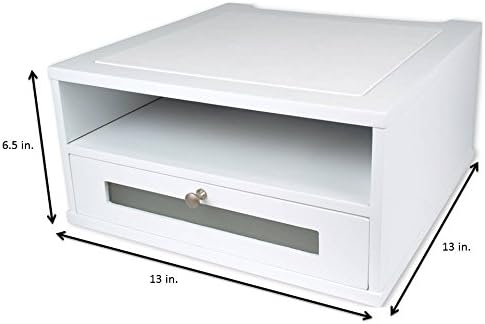 Victor Monitor Riser with Drawer and Storage Shelf - Wood Monitor Stand Desk Organizer with Faux Leather Top, Organize Office Supplies, 13 x 13 x 6.5-Inches, Pure White