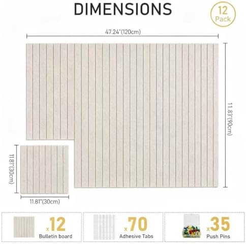 Felt Bulletin Board 48"x36" Large - Cork Board Alternative, 12-Pack Felt Wall Tiles with 70 Adhesive Tabs & 35 Pushpins, Pin Board for Home Office Decor, Oatmeal