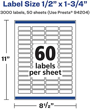 Avery® Matte White Rectangle Labels, Sure Feed® Technology, 0.5" x 1.75", 3,000 Matte White Printable Labels