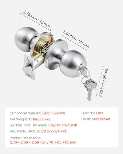VEVOR Keyed Entry Door Knob, Satin Nickel Door Knob with Round Ball, Keyed Exterior & Thumb Turn Lock Interior, All Metal Doorknobs Hardware with Lock and Keys, Modern Design for Bedroom & Bathroom