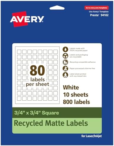 Avery EcoFriendly Matte White Recycled Square Labels, 3/4" x 3/4", Print-to-The-Edge, Matte White Labels, Permanent Adhesive, Laser/Inkjet Printable, 800 Total