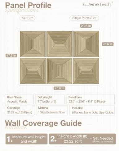 JaneTech 6 Pack Wood Acoustic Panels, Decorative Acoustic Wall Panels Sound Absorbing with Nano Glue for Recording Studio, Home Office, Conference Room, Core Taper, 23.62x23.62 Inches