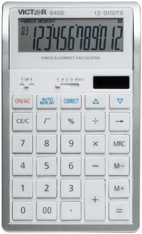 Victor 12-Digit Battery/Solar Desktop Calculator, Twelve-Digit Tilt LCD Display, White Simple Calculator with Silver Accents (6400)