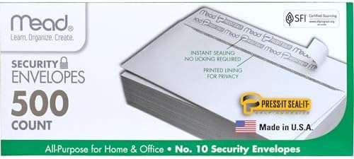 Mead #10 Security Business Envelopes Letter Size 4-1/8" x 9-1/2" – Peel and Seal, Privacy Lined, No-Window, Press-It Seal-It Self-Adhesive for Home & Office Mailing, 500 Count (740010)