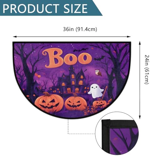 Halloween Castle Pumpkin BOO Half Round Door Mat, Non-Slip Welcome Indoor Entrance Way Rug Semi Circle Front Doormats Washable Bathroom Kitchen Floor Mat, Outdoor Rugs for Garage, Patio, Hearth Rug