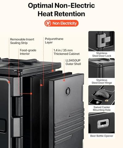 VEVOR Insulated Food Pan Carrier, 95 Qt Non-Electrical Food Warmer, with Wheel & 304 Stainless Steel Latch, LLDPE Stackable Hot Box, for Various Pan Sizes(NOT Included), Fit Catering BBQ Event(Black)