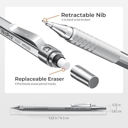 Nicpro Metal Mechanical Pencil Set with Case, 0.5mm Art Pencil, 3 Pack