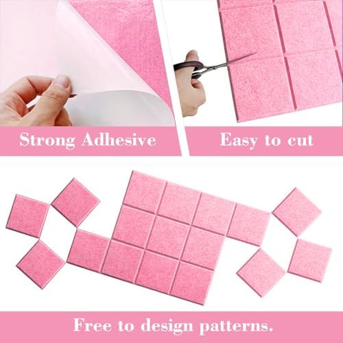 6 Packs Pink Cork Board Felt Board Tiles, Bulletin Board 12"X12" with 30 Push Pins, Felt Board for Home Kitchen Office Decor, Self-Adhesive Corkboard Tiles for Walls School Message Display Board