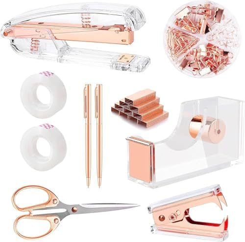 suniya Office Supplies Rose Gold Desk Accessories Set Office Supplies Kit with Stapler, Tape Dispenser, Scissors, Staple Remover, Ballpoint Pen, Clear Tape & Staples – Best Gift for Business or Boss