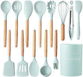 Country Kitchen Non Stick Silicone Utensil Set with Rounded Wood Handles for Cooking and Baking, 14 Piece Set, Mint