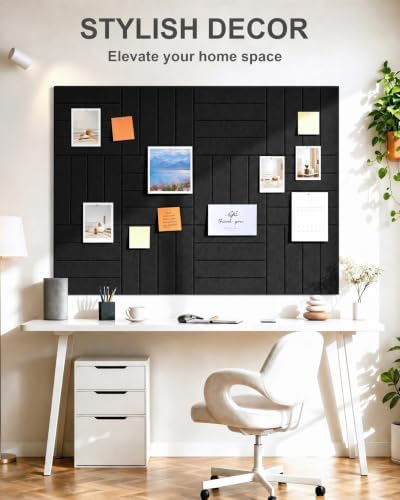 0.47" Thick Felt Wall Tiles 36"x24" Cork Board Alternative 6 Pack 11.81"x11.81"Felt Bulletin Board Pin Board with Removable Adhesive Tape&30 Pushpins for Home Office School(Bold-Black)