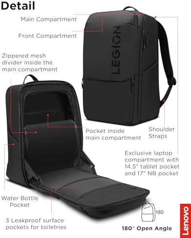Lenovo Legion Gaming Laptop Backpack GB800, 21L Capacity, Fits 17-inch Laptops, Water Resistant, Three Main Compartments & 19 Specialiized Pockets, Black