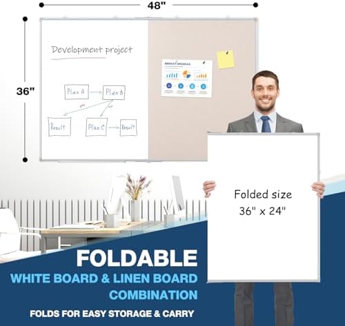 Large White Board Dry Erase Foldable Bulletin Board Combo 48x36 for Wall