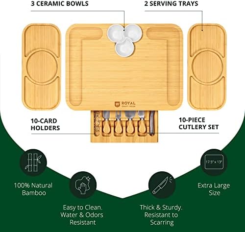ROYAL CRAFT WOOD Bamboo Cheese Board and Knife Set with Charcuterie Board & Serving Tray with Appetizer Plates & Side Trays (17.5 x 13)