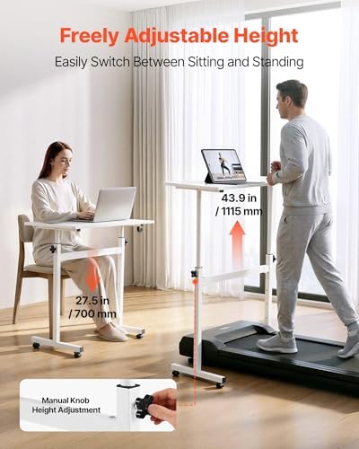 VEVOR Standing Desk, Adjustable Height Mobile Stand Up Desk with Lockable Casters, 32 x 16 in Small Computer Sit Stand Rolling Workstation with Hook, 55.1 lbs Desktop Capacity, for Home Office, White