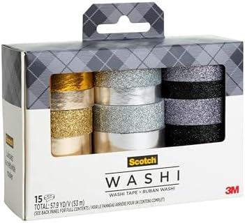 Scotch Washi Tape, Glitter Metallic Design, 15 Rolls, Great for Bullet Journaling, Scrapbooking and DIY Décor (C1017-15-P6)