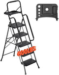 VEVOR 5 Step Ladder, Folding Step Stool with Wide Anti-Slip Pedal, Tool Tray, Dual Side Handrails, Portable Steel Ladder, Multi-Use for Kitchen, Home, Household and Office, Black