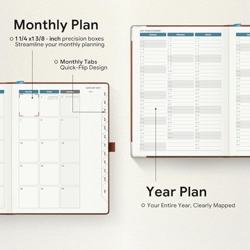 Planner 2026-2027 Weekly & Monthly Planner with Hourly Time Slots, 18 Month Academic Calendar July 2026 – Dec 2027, Vertical Layout, Monthly Tabs, Hardcover Business Agenda, Brown