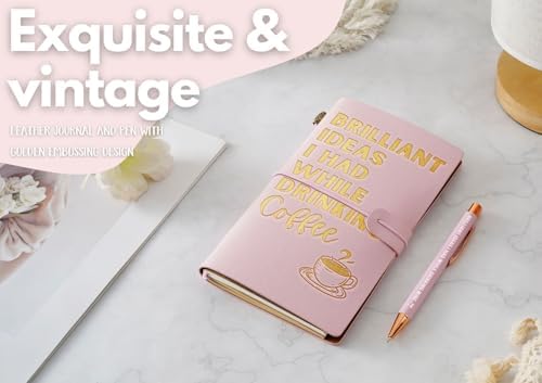 Coffee gifts Leather Journal Notebook with Pen, for Coffee Lovers, Men, Women on Birthday, Refillable Sketchbook, Travel Diary, Lined Planner, 7x5 Inches, Pink - Brilliant Ideas - Gold foil stamping