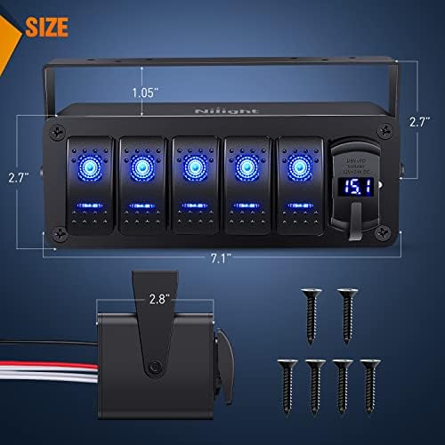 Nilight 5 Gang Rocker Switch Box Toggle w/Voltmeter PD Type C & USB Socket