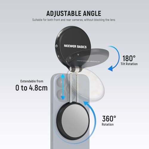 NEEWER Basics Magnetic LED Selfie Light Compatible with MagSafe iPhone, Desk Stand Phone Holder with Makeup Mirror 1160lx/0.2m 900mAh CRI95 Fill Lighting for Video Recording Streaming, Black NL48R