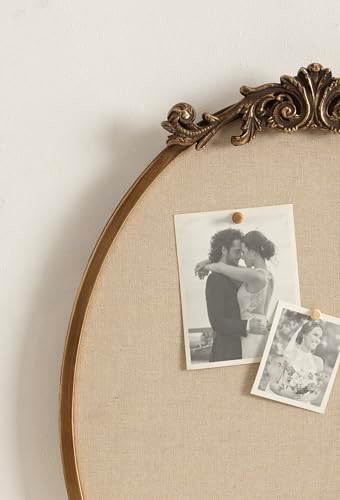 Kate and Laurel Arendahl Decorative Oval Pinboard, 18 x 24, Gold, Framed Round Ornate Vintage Cork Board for Use as Motivational Vision Board or Wall Organizer