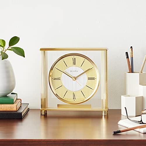 Bulova B1700 Grand Prix Table Clock | Brass MetalFinish | Glass Enclosure with Two-Tone Metal Dial | Quiet Sweep | Elegant Desktop Timepiece for Offices & Collectors