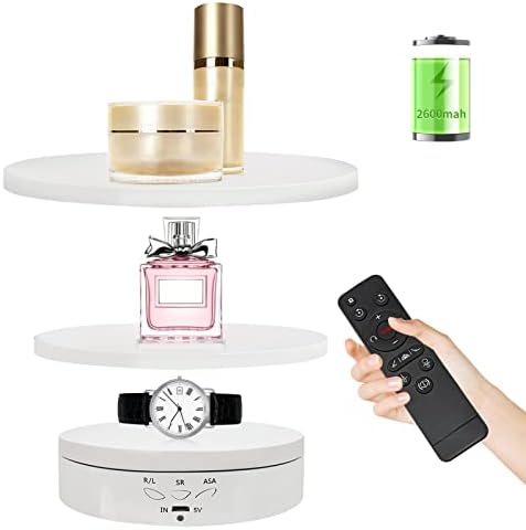 Remote Motorized Rotating Display Stand Turntable with Rechargeable Battery Motorized Lazy Susan with 5.74/7.08/8.66 inch Replacement Cover 3 in 1 for Photography Products and Shows (White)