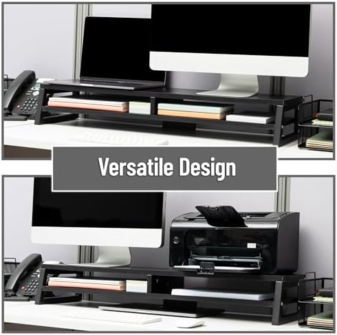Mind Reader 2-Tier MDF Double Monitor Stand, Dual Screen Riser with Storage Shelf, 33.75 Inch Wide, 88 lb Capacity, Black
