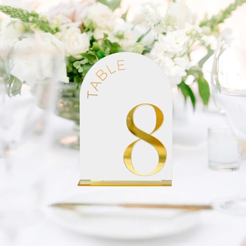White Arch Wedding Table Numbers 1-10, Gold Numbers and Stands