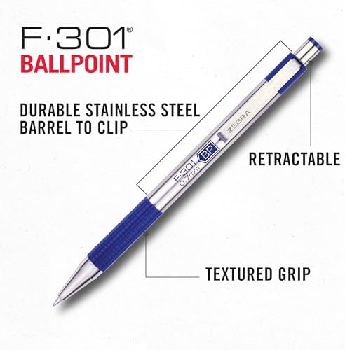Zebra Pen F-301 STEEL Retractable Ballpoint Pen, Blue Ink, 0.7mm, 2-Pack