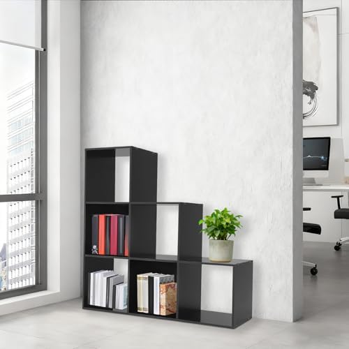 3-Tier Stepped Bookshelf, 6 Cube Storage Organizer, Freestanding Ladder Bookcase, L-Shaped Corner Shelf, Room Divider Shelf, 35.4" Tall Modern Display Shelf for Home Office Living Room