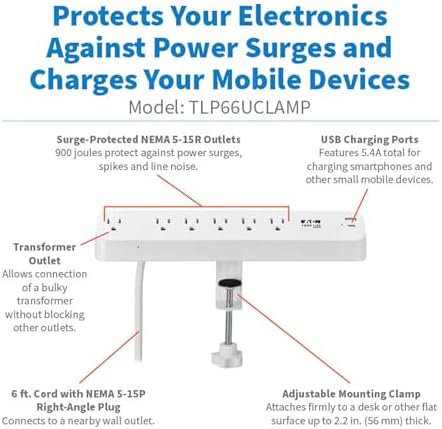 Eaton Tripp Lite Series Desk Clamp Power Strip Surge Protector, 6-Outlets, USB-A & USB-C Charging Ports, 900 Joules, 6ft Flat Extension Cord, Lifetime Manufacturer's Warranty (TLP66UCLAMP)