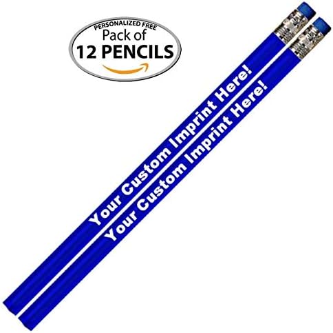 Express Pencils Personalized Custom Pencils - Round - Glitz & Glitter Full Color Print w/your name, message, text or logo Personalization - Great gift ideas - 12/Set (BLINDING BLUE METALLIC FOIL)