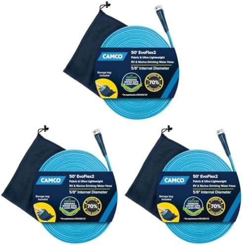 Camco EvoFlex2 50-ft Drinking Water Hose - RV Drinking Water Hose Reinforced with Fabric & Ultra Lightweight - Contains No_Lead, No_BPA & No_Phthalate - Abrasion Resistant (22579) (Pack of 3)