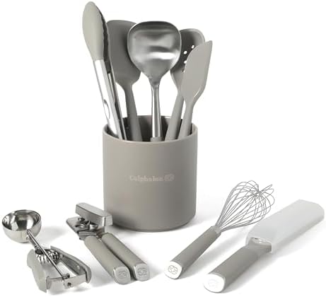Calphalon Edge 10-Piece Kitchen Utensil Set with Crock, Stainless Steel and Silicone Cooking Tools, Nonstick-Safe Utensils with Comfortable Handles, Taupe