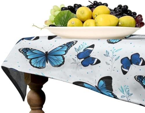 Blue Flying Butterfly Tablecloth, Vintage Celestial Butterfly Herbs Leaves Flower Print Table Cloth for Farmhouse Kitchen Party Picnic Dinner Decor 60x120in