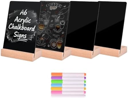 PINTUSON Mini Chalkboard Signs with Wooden Stand (4 Sets), 4x6 Acrylic Food Labels for Party Buffet, Double-Sided Erasable Table Numbers with 7 Chalks for Bakery Display & Wedding Catering